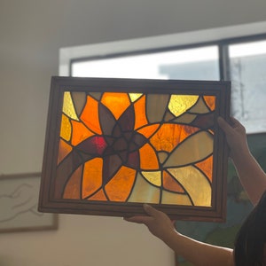 Vintage Framed Stained Glass Brown Beige Yellow White Abstract Flower wall decor antique style wooden frame motif flower mosaic art image 1
