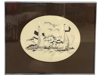 Free Shipping within continental US -  Signed Nautical Pen-and-Ink Sailing Scene Artwork - Framed Maritime Illustration