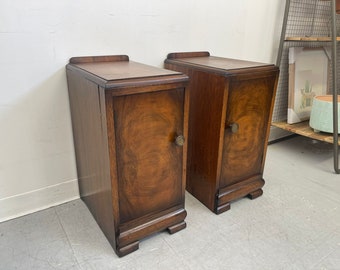 Free insured shipping witching Continental US- Vintage Pair of Art Deco Burl Wood Accent Tables. Uk Import.