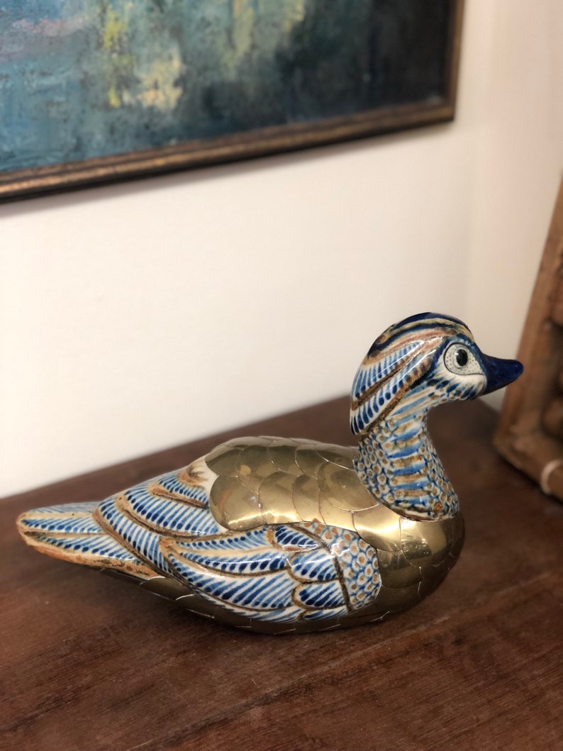 Art Deco Mid Century Ceramic and Metal Duck Statue Sculpture Brass Ceramic Handpainted Retro Bird Paperweight image 3