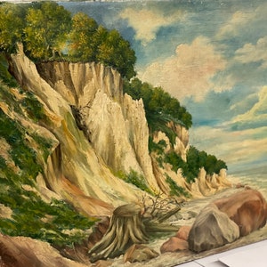 Vintage Mid Century Modern Painting Mountain Scenic Coast MCM Retro Deco Patina Impressionist Primitive image 8