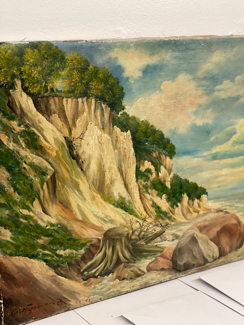 Vintage Mid Century Modern Painting Mountain Scenic Coast MCM Retro Deco Patina Impressionist Primitive image 8