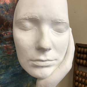 Vintage mid century modern ceramic face statue deco retro signed sculpture face hand calm abstract image 2