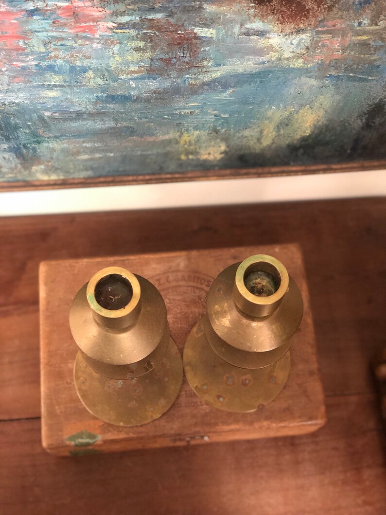 Vintage Pair Mid Century Modern Brass Candleholders Geometric Home Decor Retro Deco Tabletop Art Abstract Candle Holder image 4