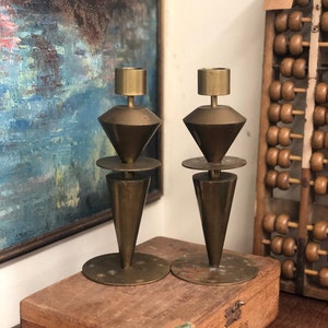 Vintage Pair Mid Century Modern Brass Candleholders Geometric Home Decor Retro Deco Tabletop Art Abstract Candle Holder image 2