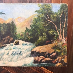 Vintage Mid Century Modern Original Signed Landscape Painting Scenic Deco Retro River Stream Forest PNW Art image 3