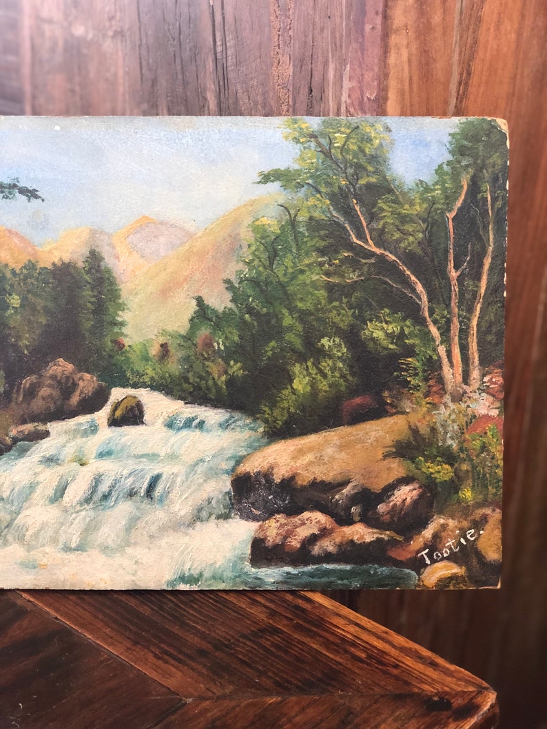 Vintage Mid Century Modern Original Signed Landscape Painting Scenic Deco Retro River Stream Forest PNW Art image 3