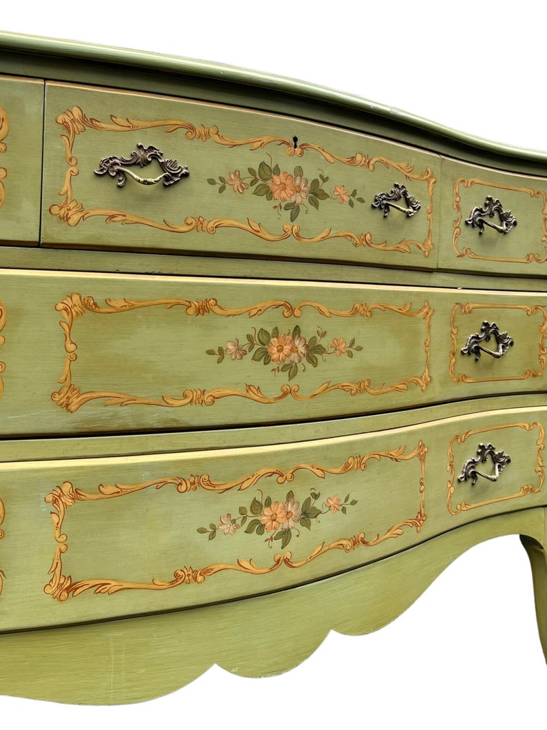 Free Shipping Within Continental US Vintage French Provincial Style Cherry Wood Dresser by John Widdicomb. Hand Painted Floral Details. image 4