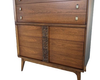 Free Shipping Within Continental U S - Vintage Mid Century Modern Solid Walnut Dresser Cabinet Storage Drawers