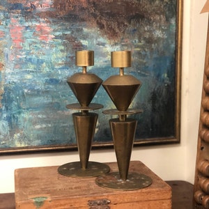 Vintage Pair Mid Century Modern Brass Candleholders Geometric Home Decor Retro Deco Tabletop Art Abstract Candle Holder image 3