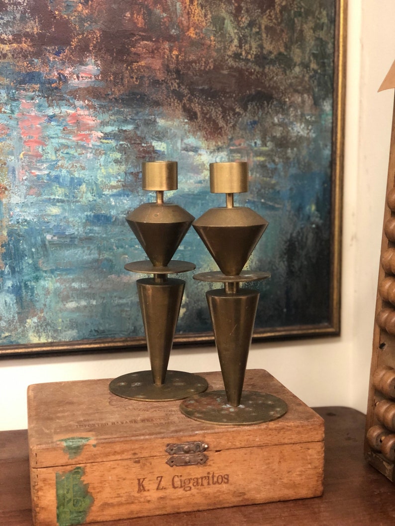 Vintage Pair Mid Century Modern Brass Candleholders Geometric Home Decor Retro Deco Tabletop Art Abstract Candle Holder image 3