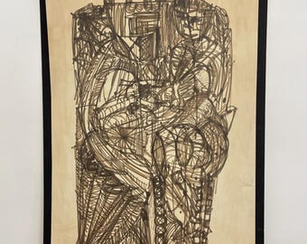 Free shipping within continental US - Vintage Abstract Figurative Ink Drawing on Paper, Signed Modernist Expressionist Artwork