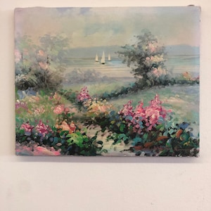 Vintage victorian scenic water nautical boating boat mid century modern signed floral pastel original painting box 9 image 1