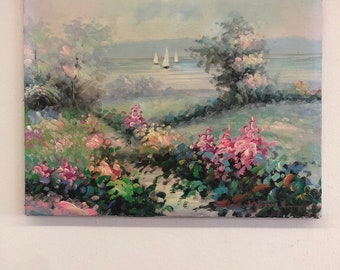 Vintage victorian scenic water nautical boating boat mid century modern signed floral pastel original painting box 9