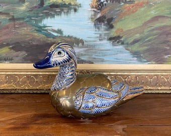 Free shipping within continental US - Vintage Chinese Cloisonné and Ceramic Duck Figurine with Hand-Painted Detailing