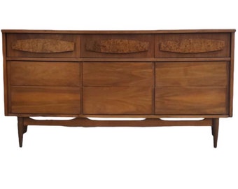 Free Shipping Within Continental US - Vintage Mid Century Modern Dresser with Burl-wood Accents