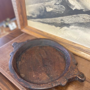 Vintage Primative Style Wooden Tray with Handcarved Handles Antique style dark stain wood Wear consistent with age as pictured image 2