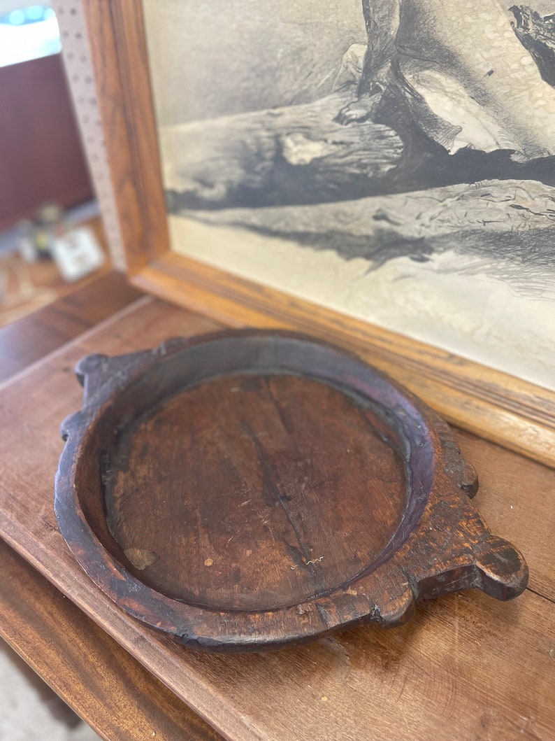 Vintage Primative Style Wooden Tray with Handcarved Handles Antique style dark stain wood Wear consistent with age as pictured image 2