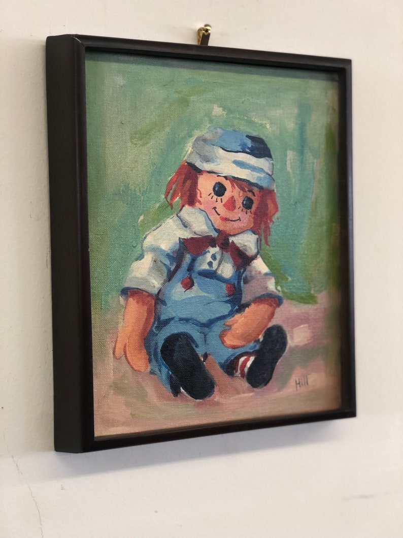 Vintage original framed painting clown doll handmade art framed cottage mid Century modern blue green image 1