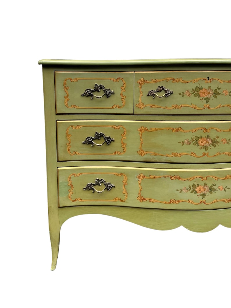 Free Shipping Within Continental US Vintage French Provincial Style Cherry Wood Dresser by John Widdicomb. Hand Painted Floral Details. image 5