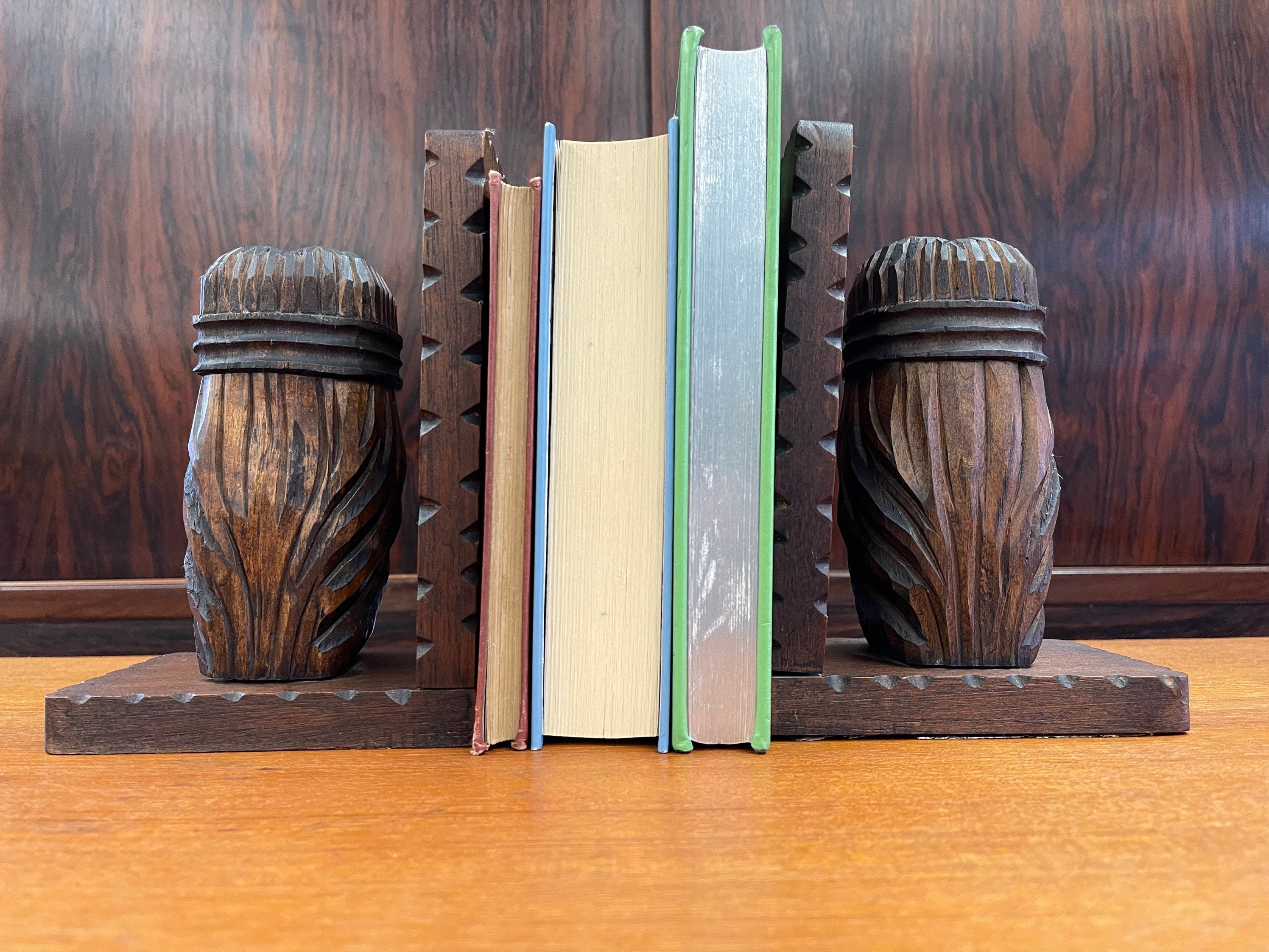 Mid Century Modern Tiki Bookends Hand Carved Grain Decor Wood Figural ...