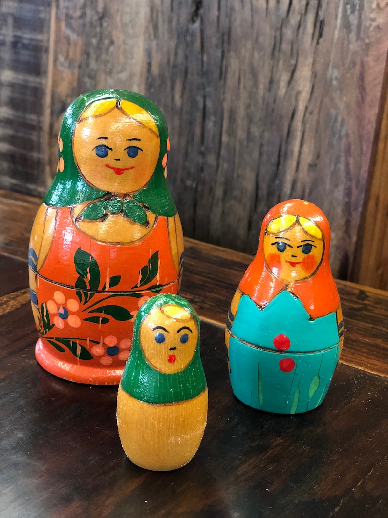 Vintage MCM Wooden Nesting Dolls Handpainted Handmade Cute Charming Cottagecore Danish Russian Made In USSR Decor Figurines Small image 1