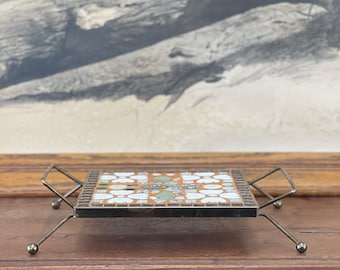 Vintage Mid Century Modern Floral Mosaic Tile and Metal Tray brown black blue pink white