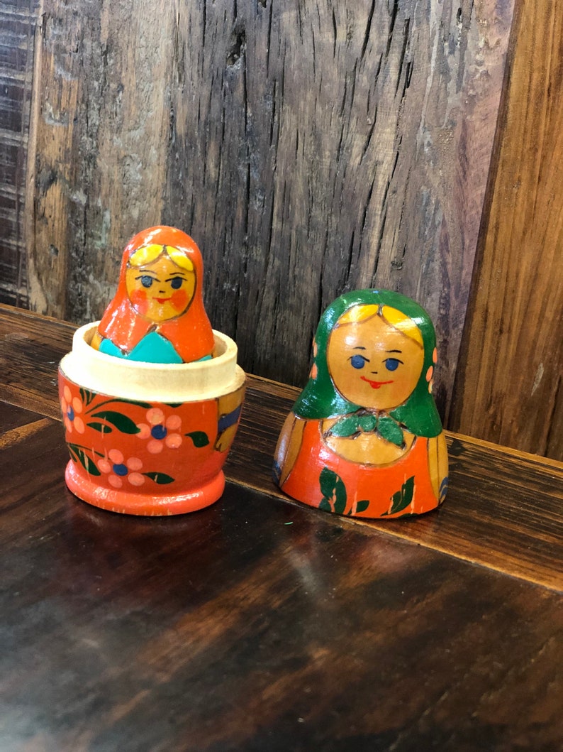 Vintage MCM Wooden Nesting Dolls Handpainted Handmade Cute Charming Cottagecore Danish Russian Made In USSR Decor Figurines Small image 4