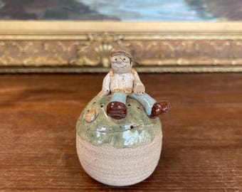Free shipping within continental US - Handmade Studio Pottery Incense Holder with Seated Figure Sculpture, Signed 1976