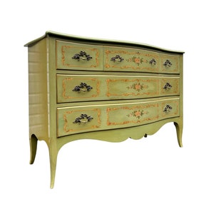 Free Shipping Within Continental US Vintage French Provincial Style Cherry Wood Dresser by John Widdicomb. Hand Painted Floral Details. image 1