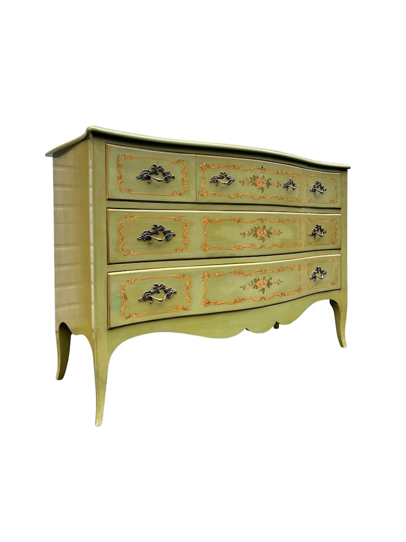 Free Shipping Within Continental US Vintage French Provincial Style Cherry Wood Dresser by John Widdicomb. Hand Painted Floral Details. image 1