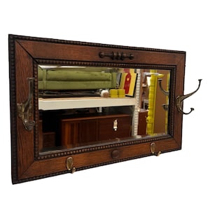 Free shipping within continental US - Antique Mission Arts & Crafts Quarter Sawn Figured Oak Wood Hall Mirror with Cast Metal Coat Hooks