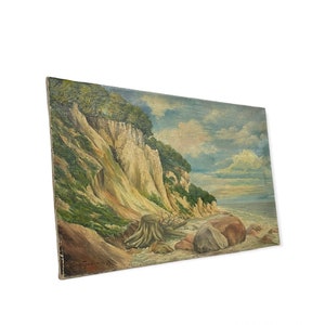 Vintage Mid Century Modern Painting Mountain Scenic Coast MCM Retro Deco Patina Impressionist Primitive image 2
