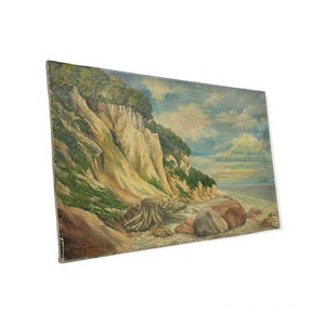 Vintage Mid Century Modern Painting Mountain Scenic Coast MCM Retro Deco Patina Impressionist Primitive image 1