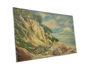 Vintage Mid Century Modern Painting Mountain Scenic Coast MCM Retro Deco Patina  Impressionist Primitive