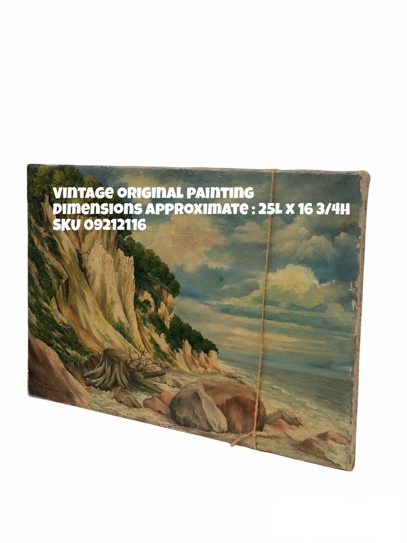 Vintage Mid Century Modern Painting Mountain Scenic Coast MCM Retro Deco Patina Impressionist Primitive image 3