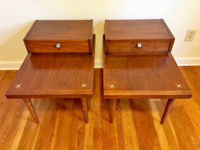 Free Shipping Within US Pair of Vintage American of Martinsville Mid Century Modern MCM Table Stand with Brass Pulls with One Drawer image 4