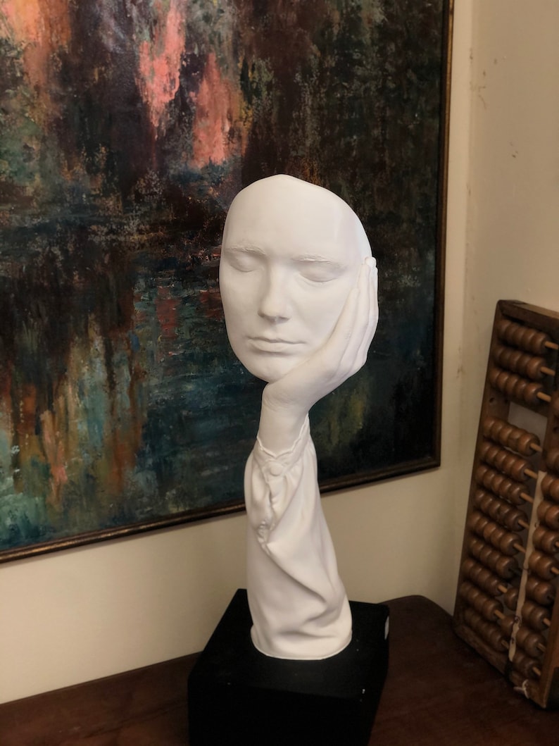 Vintage mid century modern ceramic face statue deco retro signed sculpture face hand calm abstract image 1