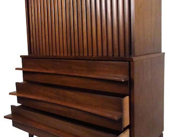 Free Shipping Within Continental US - (Available by online purchase only)Vintage Mid Century Modern Walnut Wood Dresser Dovetailed Drawers