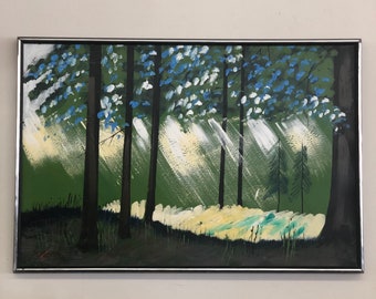 Vintage MCM mid century modern signed framed forest original painting abstract retro deco