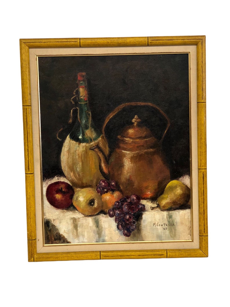 Vintage MCM Original Painting Oil Painting Fruits Kettle Vase Handpainted Multicolored Black Gold mid century modern retro deco Fruit Still image 1