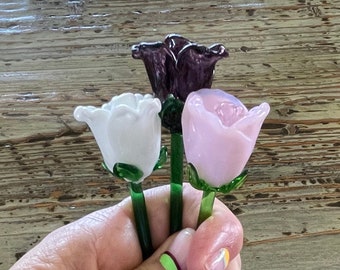 Glass Flower Rose Stems-Beautiful Lampwork Flowers 7”