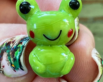 thumbnail image 2 of Handmade Green Frog Glass Charm - Fits European Bracelets, Cute Silver-Plated Bead 2 of 5