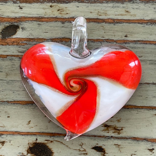Glass Heart Pendant 46mm, Red and White Lampwork