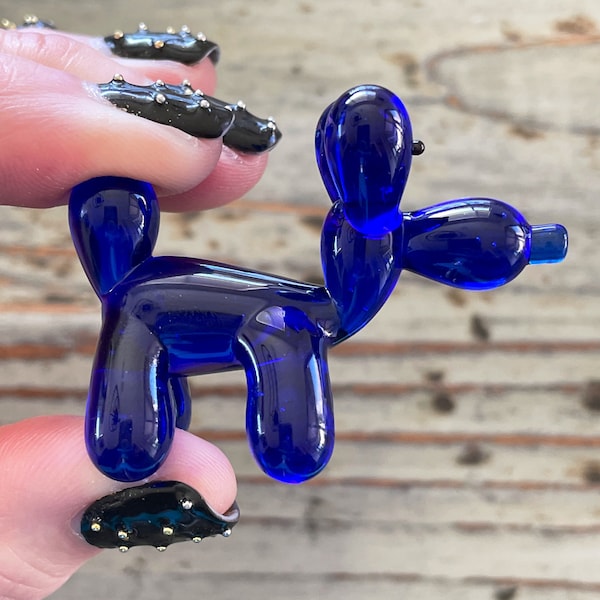 Glass Balloon Dog Figurine, 2” Blue Lampwork Glass Dog