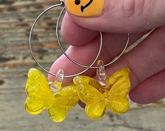 Glass Lampwork Hoop Earrings, Yellow Butterflies, 22mm