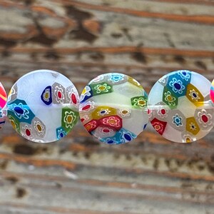 Millefiori Glass White 20mm Bead Strand, Flat Round, Large Millefiori image 3