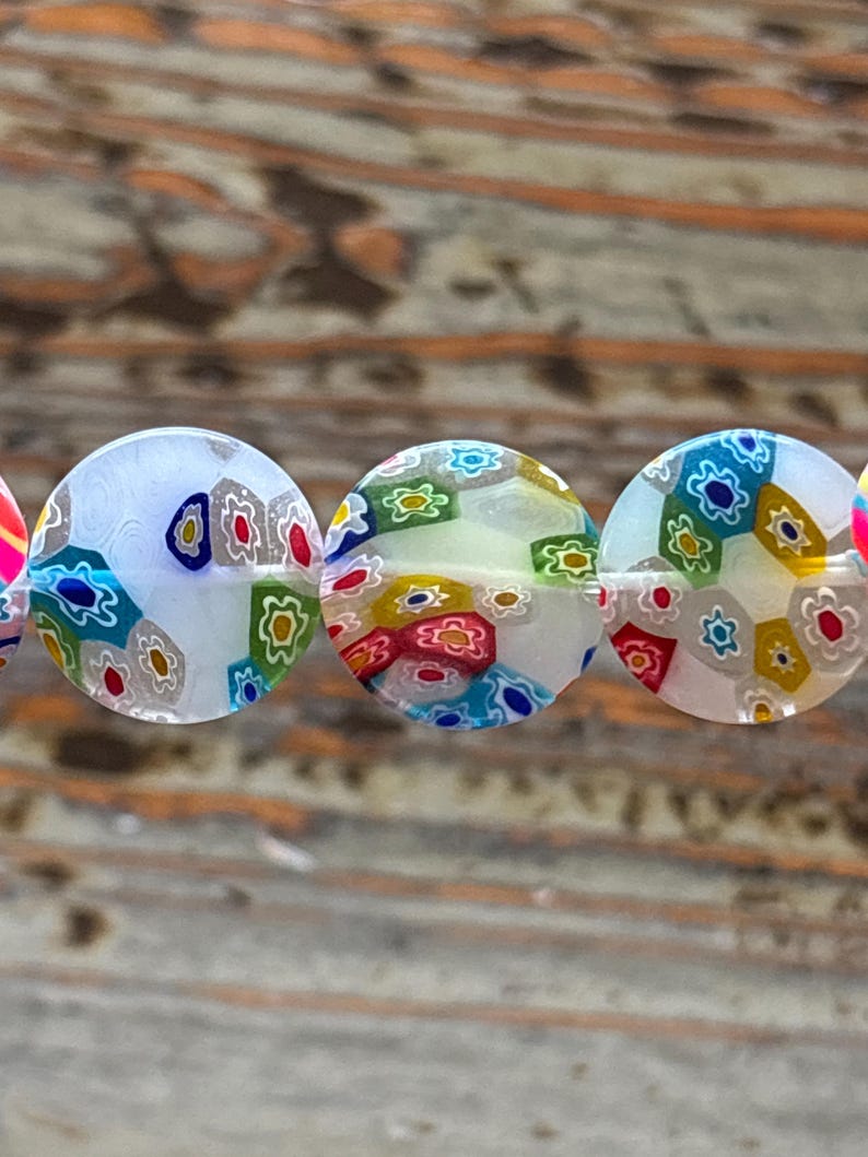 Millefiori Glass White 20mm Bead Strand, Flat Round, Large Millefiori image 3