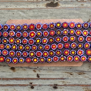 Millefiori Flower Bead Strands, Glass 8mm Flat Round Blue and Red Flowers