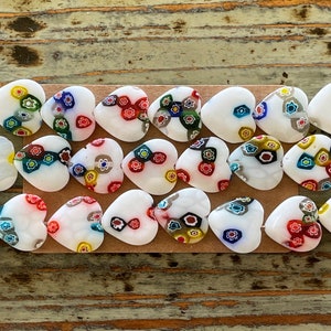 Millefiori White Heart Bead Strand, Large Colorful Glass Flowers 18mm Hearts